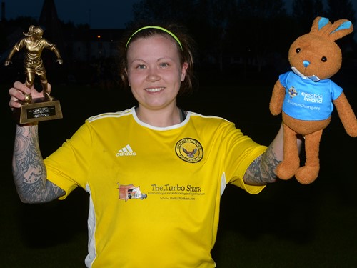 Player of the Match Leanne Glass of Chimney Corner ladies with Trophy and Bunny.jpeg