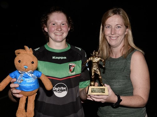 Glentoran,s Caragh Milligan recieves her Player of the Match trophy from IFA Challenge Cup Committee Chairwoman Elaine Junk.jpg