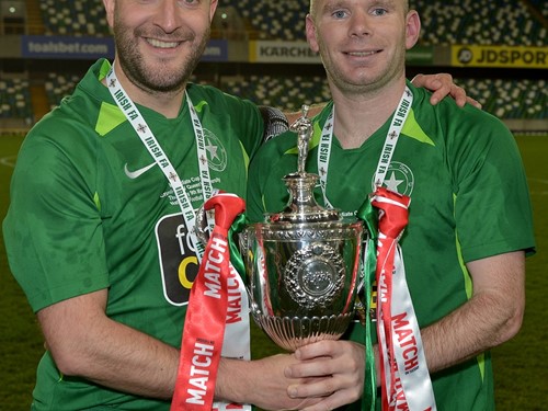 Crumlin Star Captain Barry McKervey and Goalscorer Paul Prigent with the trophy.jpg