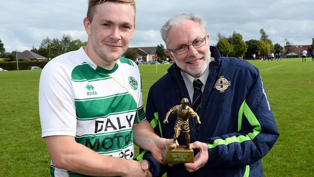 Man of Match Josh McCarten of Armagh Celtic with Brian Larkin.jpg 