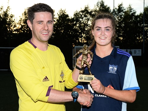 Player of the Match Aimee Mackin with Player of the Match trophy presented by Referee Peter Murray.jpg