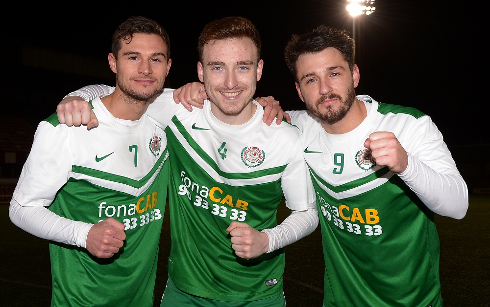 Dundela goalscorers David McMaster,  Karl Devine and Jordan Hughes.jpg