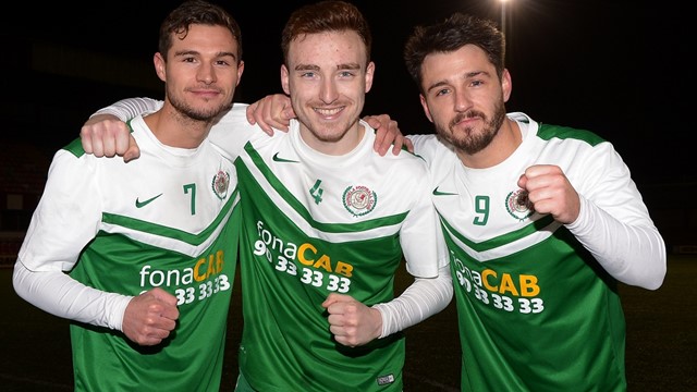 Dundela goalscorers David McMaster,  Karl Devine and Jordan Hughes.jpg 