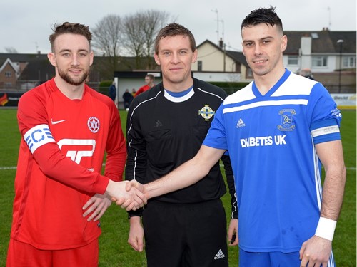 Hanover Captain James Sergeant, Ref Colin Gray and Dolligstowns Captain Jake Redpath.jpg