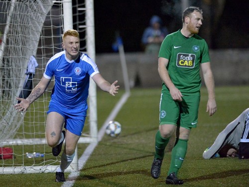 Josh Cahoon celebrates levelling for Banbridge Rangers.jpg