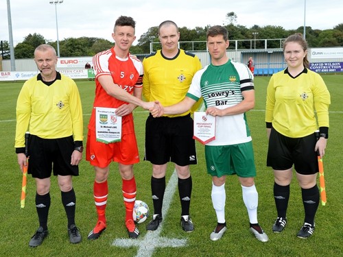 Enniskillen Rangers captain Richard Johnstone and St Michaels captain Colin Bargary with officials.jpg