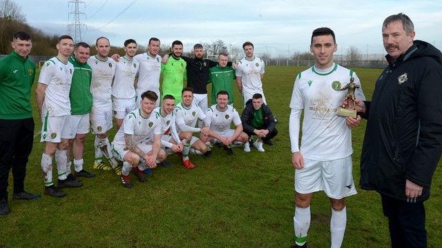 Alister Gray of the Irish FA Intemediate Cup Committee presents Belfast Celtic