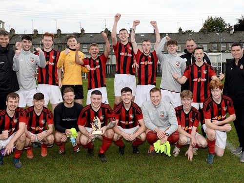Banbridge Town players celebrate their 1-0 victory over Mid Ulster rivals Dollingstown.jpg