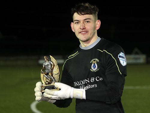 Dungannon Swifts keeper Adam Groogan with his man of the match award.jpg