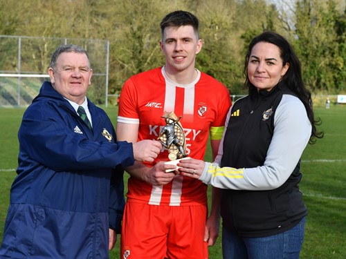 L to R Enda Love, Player of the Match Ciaran Smith (Enniskillen rangers Captain) and Ciara Crawford 071.jpg